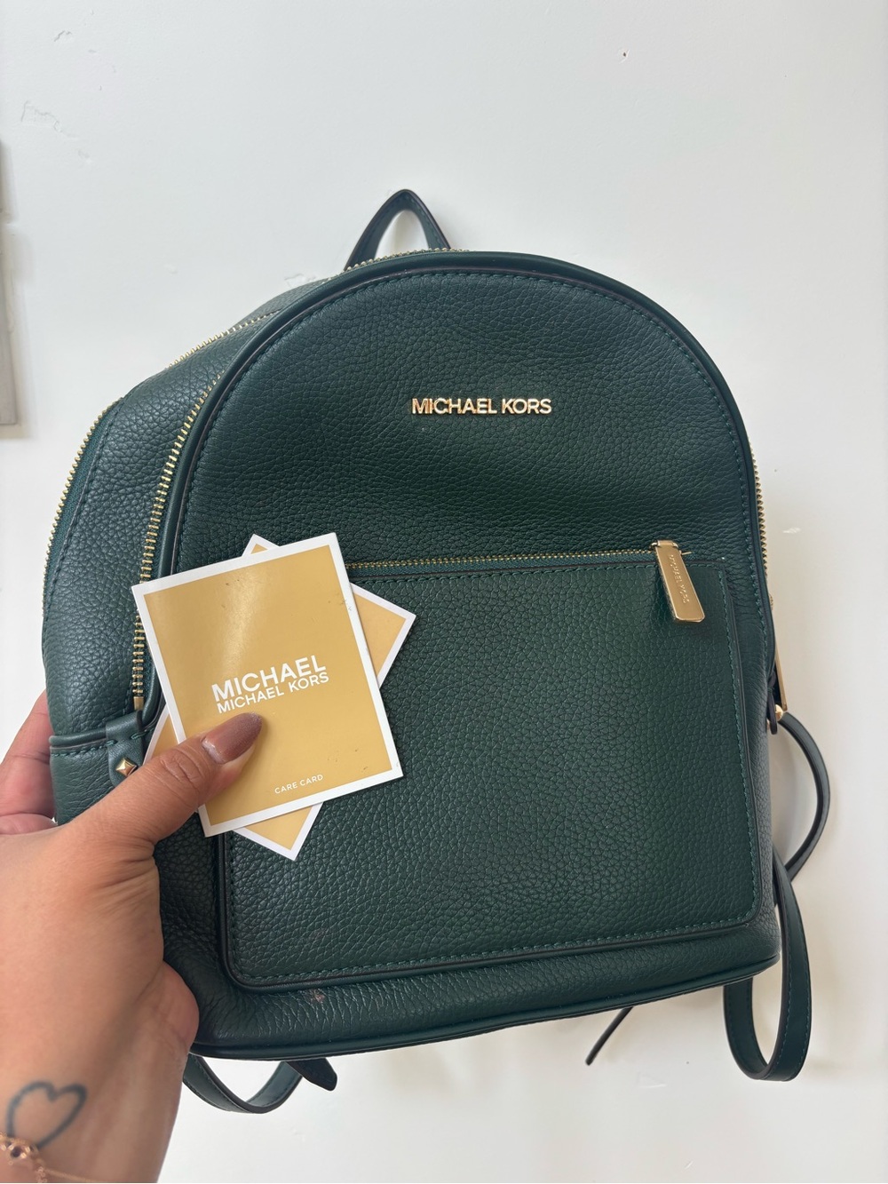 Michael Kors Dark Green Pebbled Leather Mini Backpack with Gold Hardware